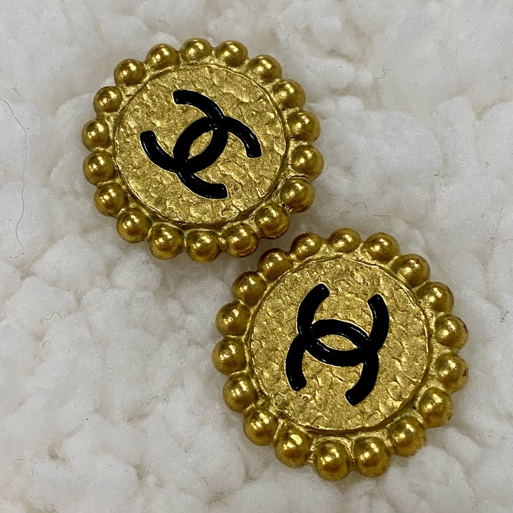 Chanel Vintage Logos Earrings Gold Black